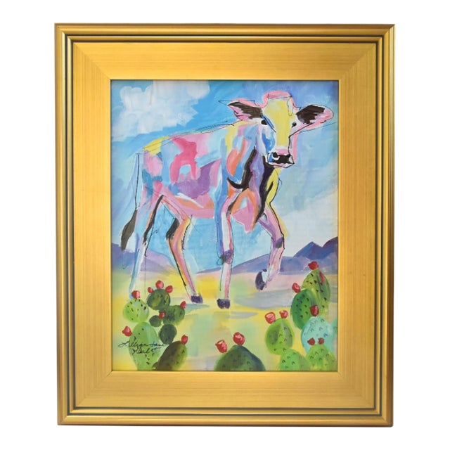 Impressionist Abstract Landscape W/Cow Painting Including the Antiqued Gold Wood Frame For Sale