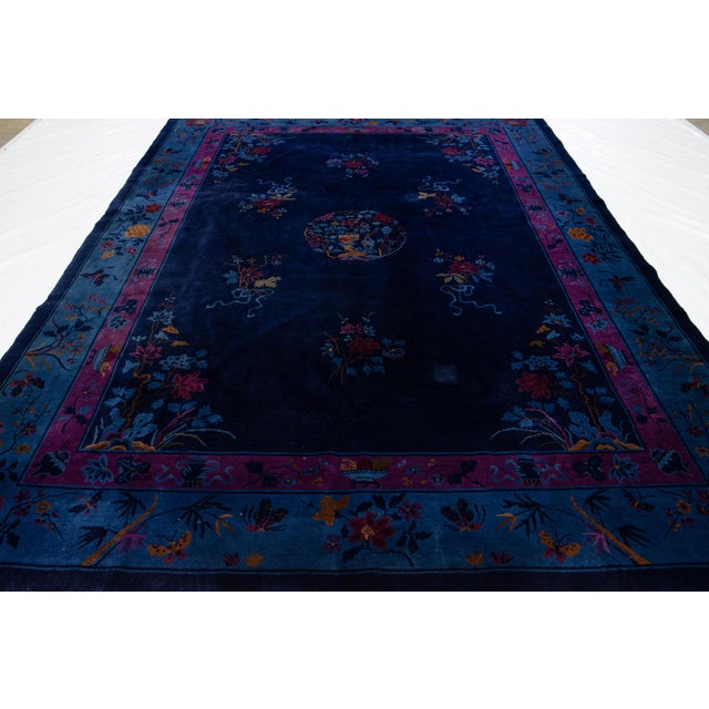 1920s Navy Blue Antique Chinese Art Deco Handmade Wool Rug With Floral Design For Sale - Image 15 of 15