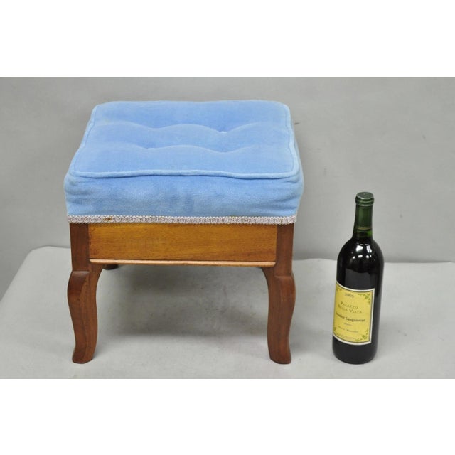 Antique Victorian Walnut Cabriole Leg Blue Tufted Footstool Ottoman Stool For Sale - Image 15 of 15