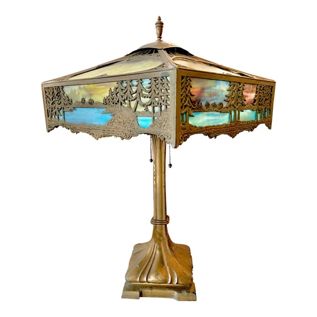 1940s Vintage Square Slag Glass Lamp With Rustic Scene For Sale