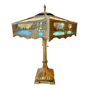 1940s Vintage Square Slag Lamp With Rustic Scene