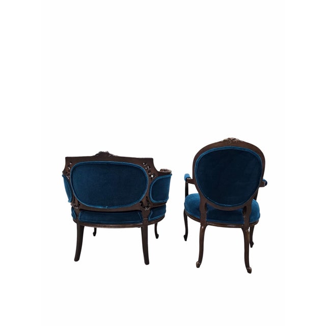 Rococo Antique French Louis XV and Louis XVI Style Armchairs Newly Upholstered – Set of 2 For Sale - Image 3 of 12