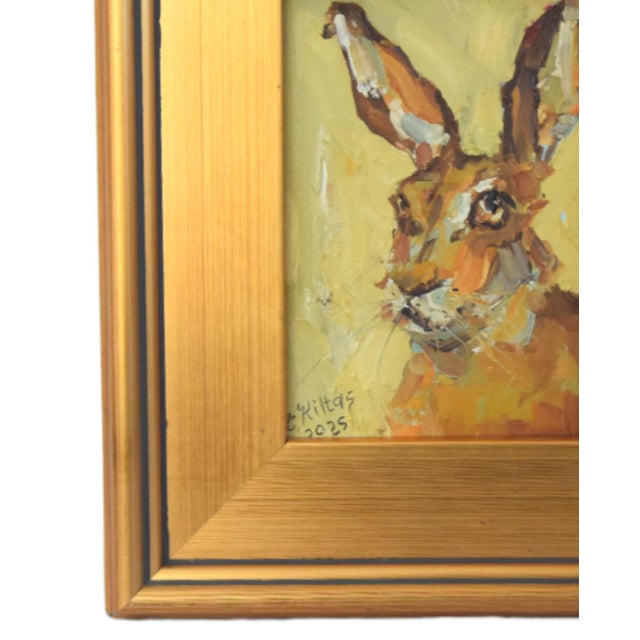 Impressionist oil painting on an artist's hardboard panel of a rabbit hare displayed in a complementary antiqued gold wood...
