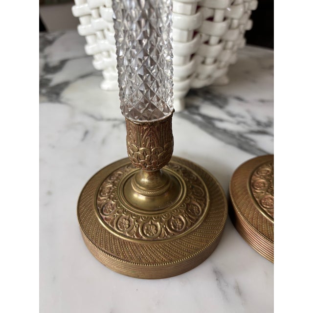 Brass Antique French Empire Revival Gilt Brass & Cut Glass Candlesticks - A Pair For Sale - Image 8 of 13