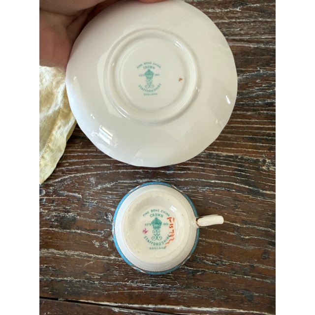 Vintage Crown Staffordshire Lyric Tunis Blue Fine Bone China – 6 Small Teacups & Saucers – 12 Piece Set – England For Sale - Image 12 of 12