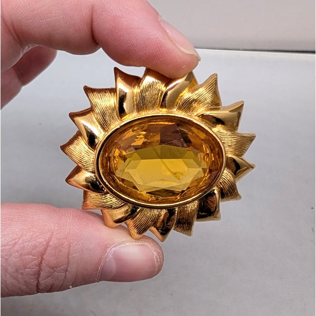1990s Vintage Signed Napier Goldtone Faux-Citrine Flower Brooch For Sale - Image 5 of 7