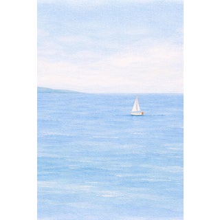 Minimalist Sailboat Seascape Wall Art, Coastal Ocean Landscape Print, Blue Water Nautical Art, 24″ × 36″ For Sale