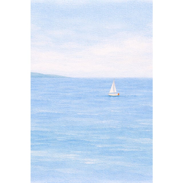 Minimalist Sailboat Seascape Wall Art, Coastal Ocean Landscape Print, Blue Water Nautical Art, 24″ × 36″ For Sale