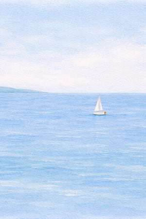 Minimalist Sailboat Seascape Wall Art, Coastal Ocean Landscape Print, Blue Water Nautical Art, 24″ × 36″