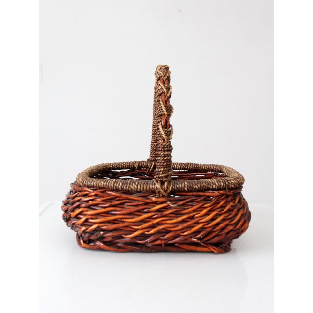 Wood Vintage Woven Willow Basket With Wrapped Arched Handle For Sale - Image 7 of 14