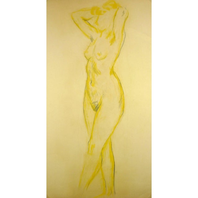 Delightful pencil and pastel nude of a standing female, circa 1990. Original artwork on paper displayed on a white mat...
