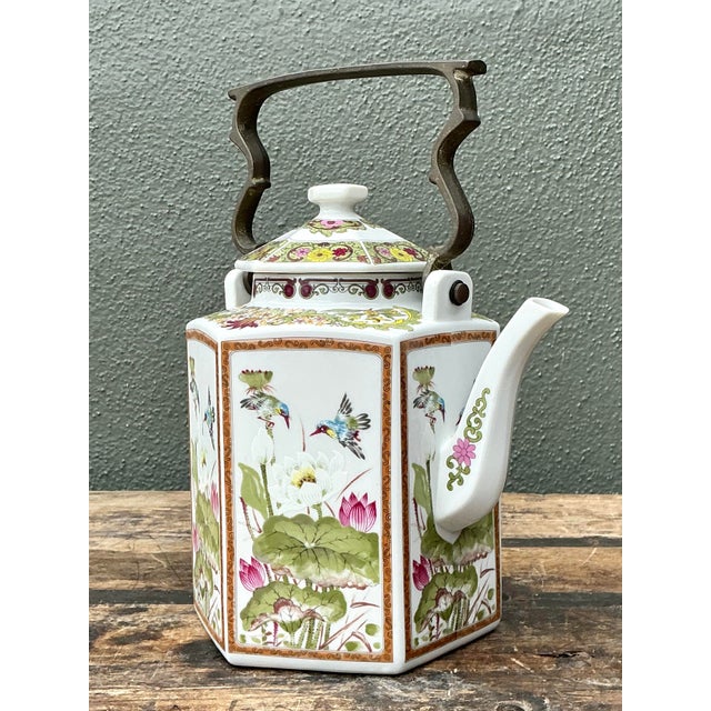 Late 20th Century Vintage Chinoiserie Glazed Ceramic Botanical Tea Pot For Sale - Image 5 of 12