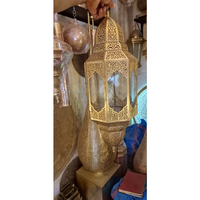 2000 - 2009 Large Handmade Moroccan Brass Lantern – Marrakech Hanging Pendant Light – Vintage Islamic Chandelier – Boho Home Decor For Sale - Image 5 of 8