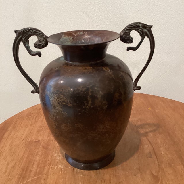 Vintage Roman Style Amphora Vase/Urn With Jaguar Ornate Handles Weathered Patina For Sale - Image 12 of 12