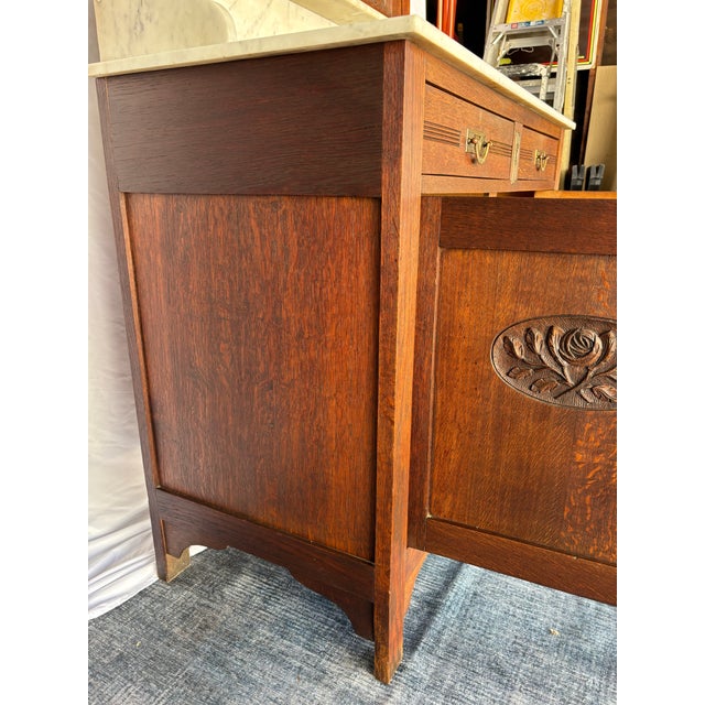 Antique Oak Washstand / Bathroom Vanity With a Marble Top, Oval Beveled Mirror, and Floral Carvings For Sale In Los Angeles - Image 6 of 12