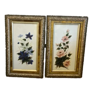 Pair Victorian Floral Painting on Milk Glass Panels