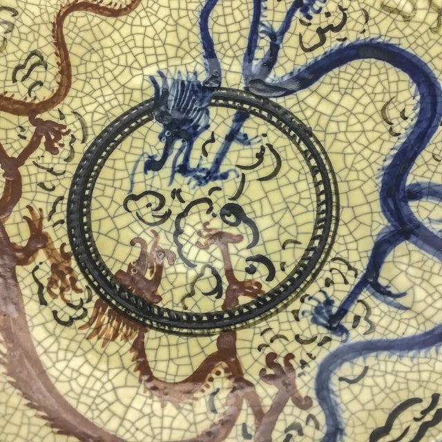 Rare Asian Crackle Finished Ceramic Clay Pottery Bowl Dragon Among Clouds For Sale In Portland, ME - Image 6 of 10