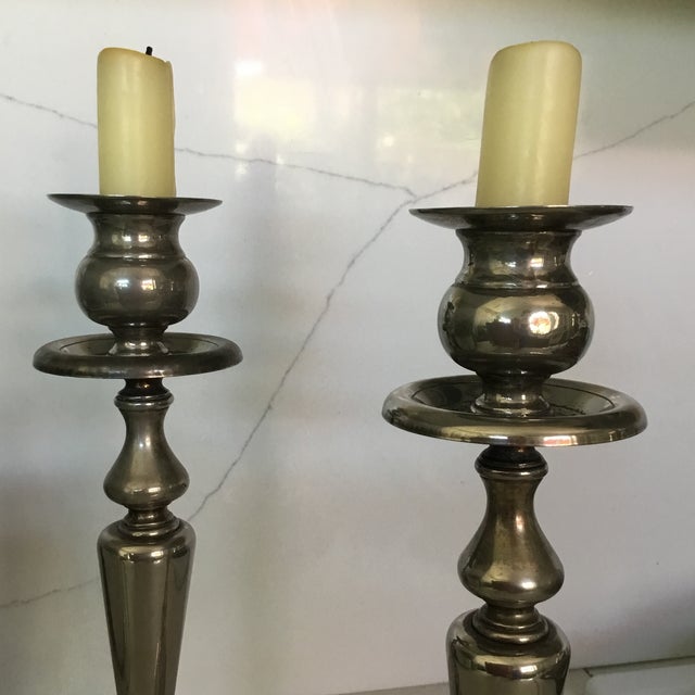 Vintage Tall Silver plateCandle Holder Pair For Sale - Image 4 of 7