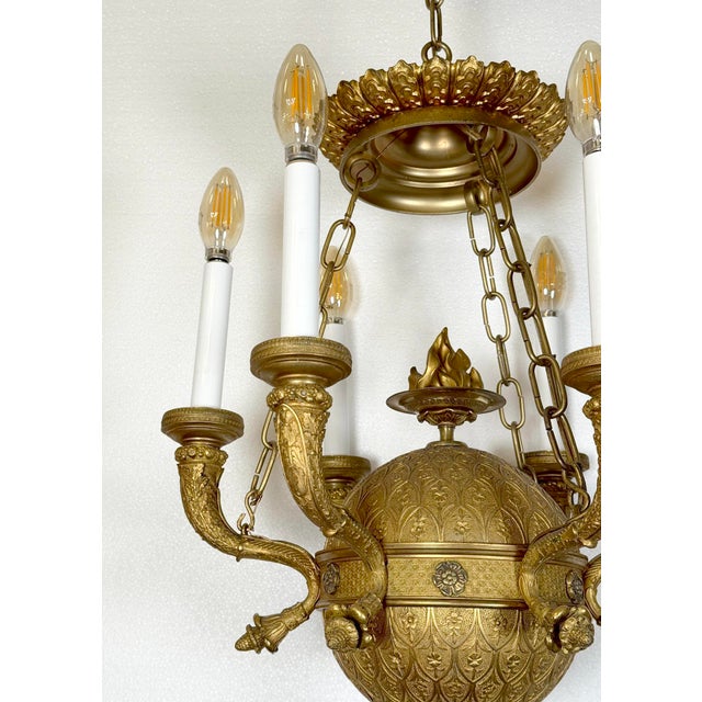 Early 20th Century Restored Antique Empire Bronze Ormolu Six Light Chandelier For Sale - Image 4 of 12