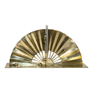 1950s Hollywood Regency Solid Polished Brass Bookends Asian Fan Shaped