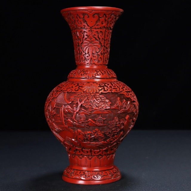 Red Cinnabar Lacquer Vase Pair / Carved Red Lacquer Landscape Vases For Sale - Image 8 of 12