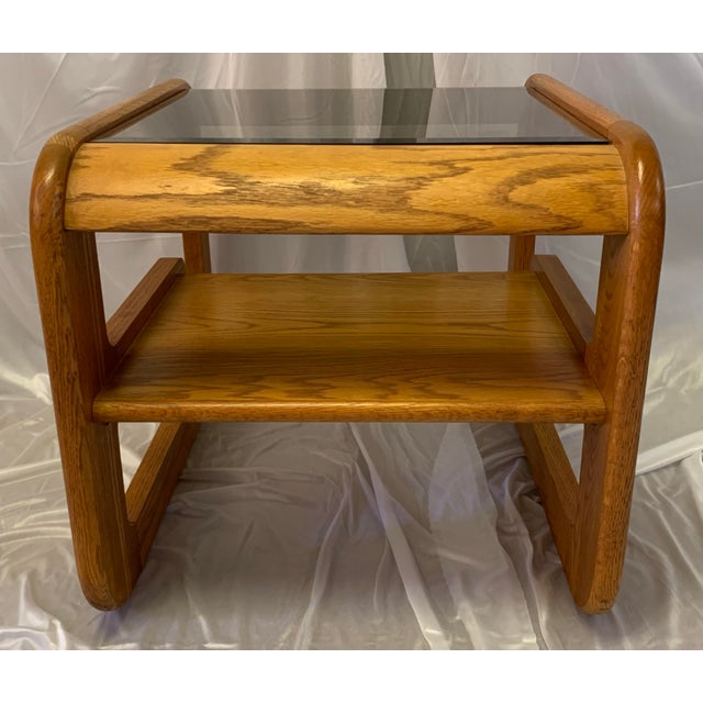 Mersman Vintage Mersman Bellaire Cantilevered Oak & Smoked Glass Side Table For Sale - Image 4 of 7