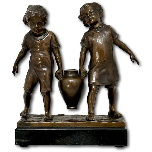French Very Cute Antique French Bronze Children With Amphora Figure by Noted Italian Sculptor Paolo Ferrari - Circa Early 1900ss For Sale - Image 3 of 12