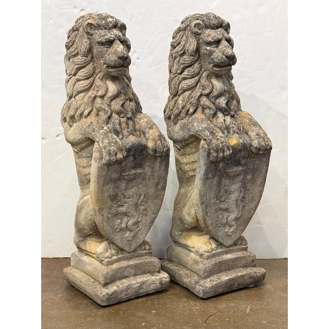 Pair of Cast Stone Armorial Lion Garden Statues From England - Two Available For Sale In Austin - Image 6 of 15