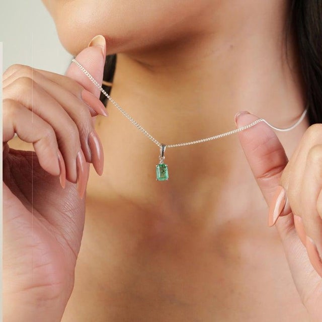 Not Yet Made - Made To Order Emerald & Diamond Prong Pendant in 925 Sterling Silver For Sale - Image 5 of 12