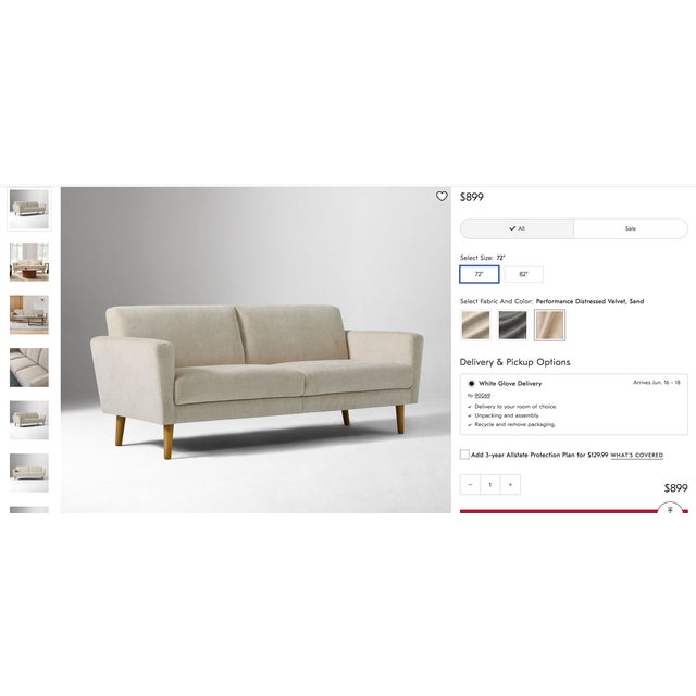 West Elm West Elm Oliver 72" Mid-Century Modern Sofa With Performance Velvet For Sale - Image 4 of 12