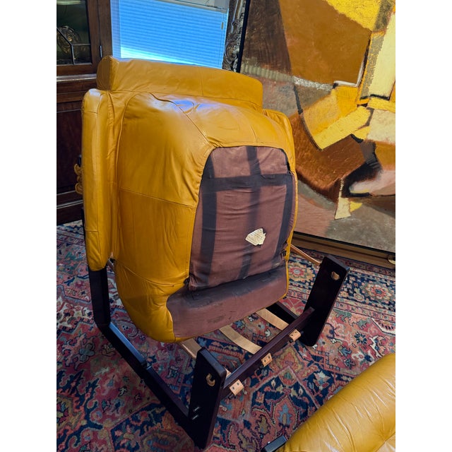 Yellow Matching Lounge Chair and Ottoman by Percival Lafer, Mp-97, Brazilian Rosewood With Original Mustard Leather For Sale - Image 8 of 12