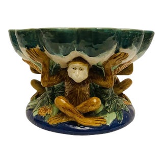 Vintage Majolica Art Pottery Monkey Pedestal Bowl Ceramic Safari Jungle (St). For Sale