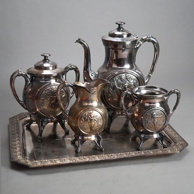Antique Five Piece Figural Reed & Barton Figural Silver Plated Tea Set C1890 For Sale - Image 11 of 12