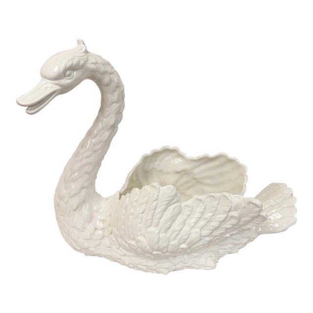 Large Vintage White Porcelain Swan Planter Sculpture MCM Decor Italian Style For Sale