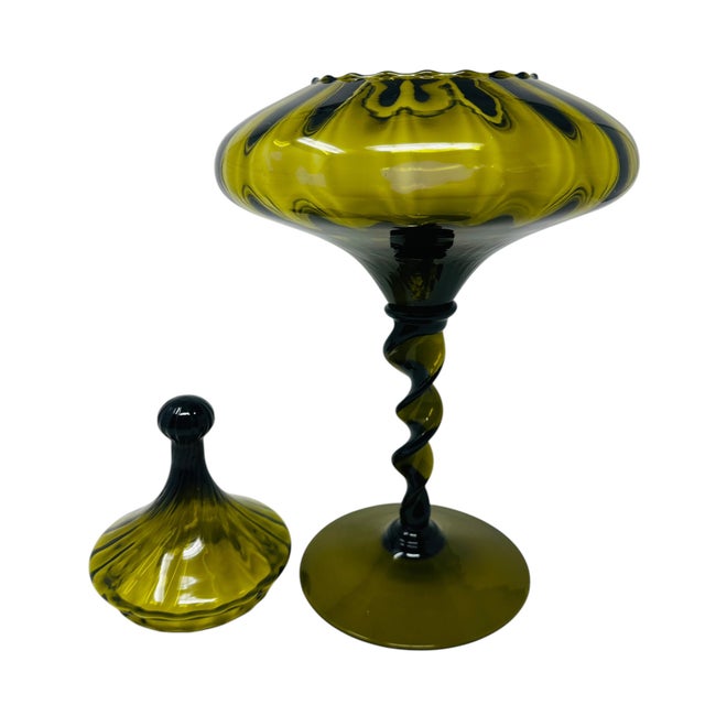 Italian Vintage 1960s Large Italian Empoli Olive Green Glass Circus Tent Lidded Compote For Sale - Image 3 of 13