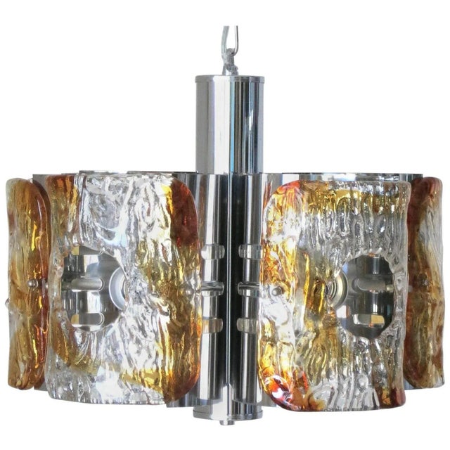 Vintage Italian pendant with clear and amber Murano glass, infused glass handblown to a textured effect, mounted on chrome...