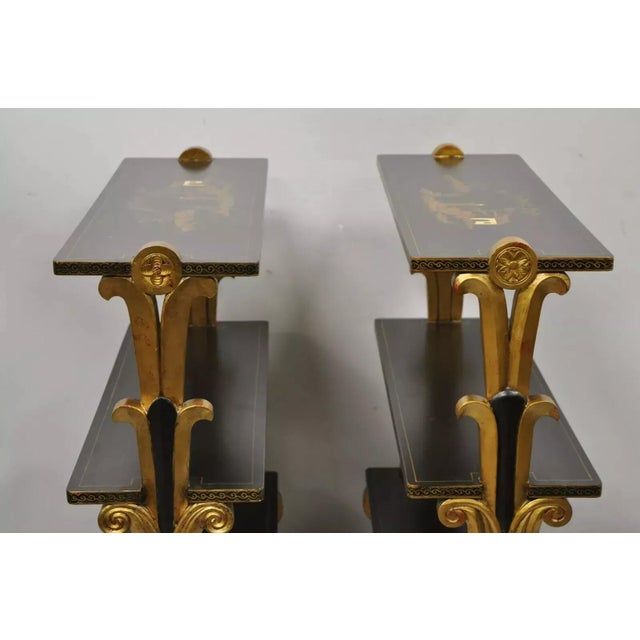 Mid 20th Century Regency Style Black & Gold 3 Tier Whatnot Stands Bookcase Shelf Curio - A Pair For Sale - Image 4 of 12