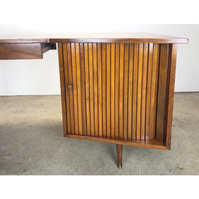 Mid Century Modern Walnut Tambour Door Writing Desk & Chair Trapezoidal Top For Sale - Image 11 of 12