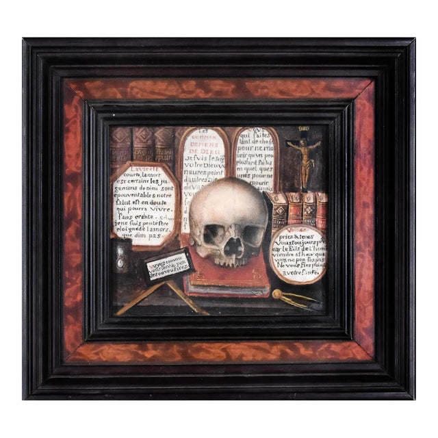 Skull with Sacred Writings and Tablets of the Law - Tempera on Cardboard 18th Century For Sale