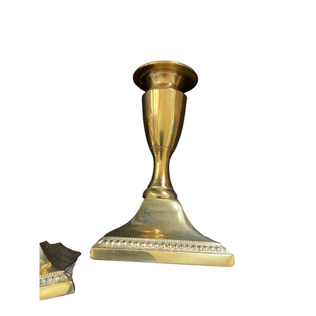 Hollywood Regency Pair Midcentury Vintage Polished Brass Georgian Style Candle Holders Candlesticks 4.5" For Sale - Image 3 of 7