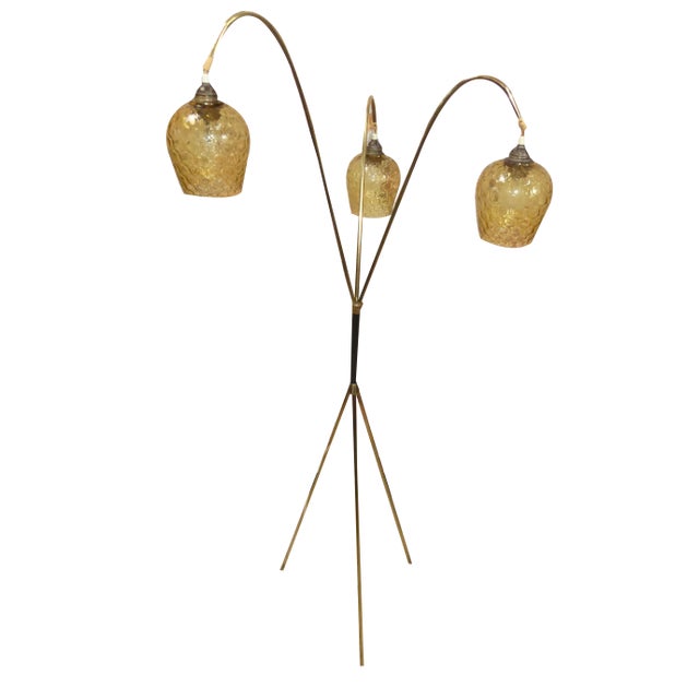 Mid-Century Tripod Floor Lamp in Brass & Glass, 1950s For Sale