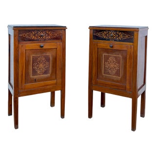 French Marquetry Bedside Cabinets with Inlaid Decoration, 1940, Set of 2 For Sale