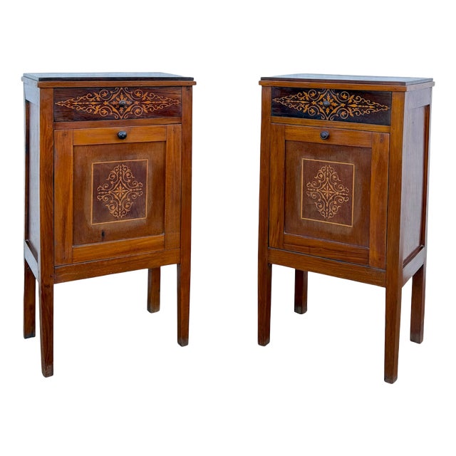 French Marquetry Bedside Cabinets with Inlaid Decoration, 1940, Set of 2 For Sale