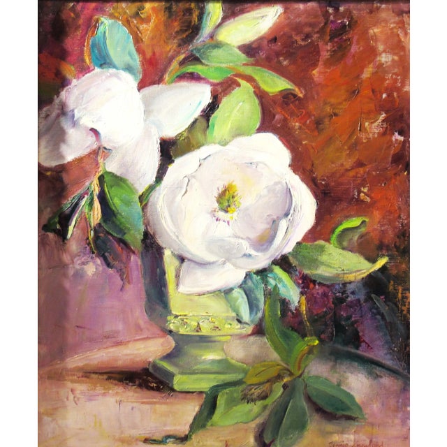 This artwork "Flowers Still Life with Vase" c.1950 is an oil painting on canvas by American floral artist Jennie Thatcher...