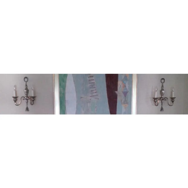 Metal 1900s Silverplated Bronze, Double-Branch Wall Sconces With Finely Chased Low Relief Details Throughout. Maker Is e.f. Caldwell, New - a Pair For Sale - Image 7 of 7