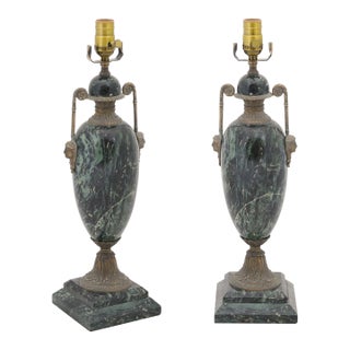 Early 20th Century Louis XVI Verde Antico Marble & Bronze Lamp France - a Pair For Sale