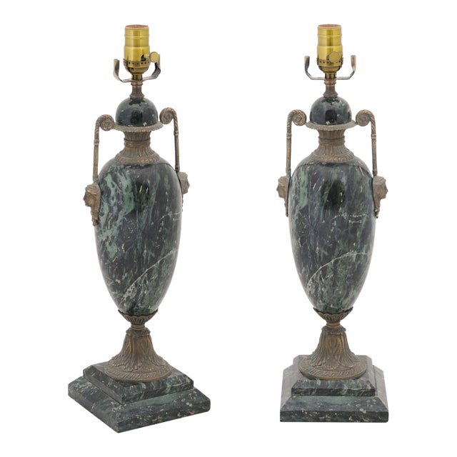 Early 20th Century Louis XVI Verde Antico Marble & Bronze Lamp France - a Pair For Sale