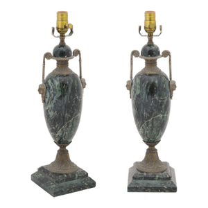 Early 20th Century Louis XVI Verde Antico Marble & Bronze Lamp France - a Pair