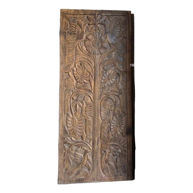 Hand-Carved Tree of Life Wood Door Panel With Birds & Sunflowers | Rustic Architectural Wall 84x36 For Sale