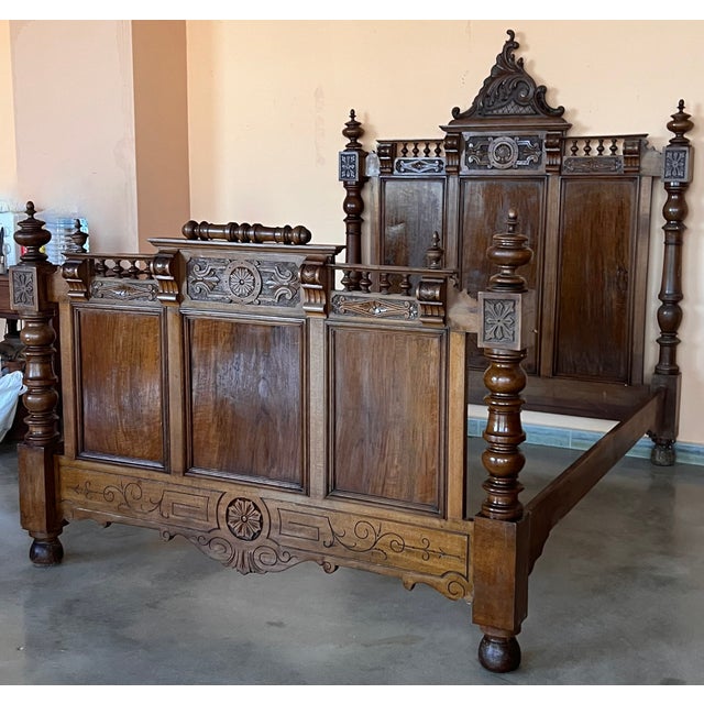 French Antique French Louis XVI Style Full Size Rosewood Carved Bed Frame Baroque For Sale - Image 3 of 12